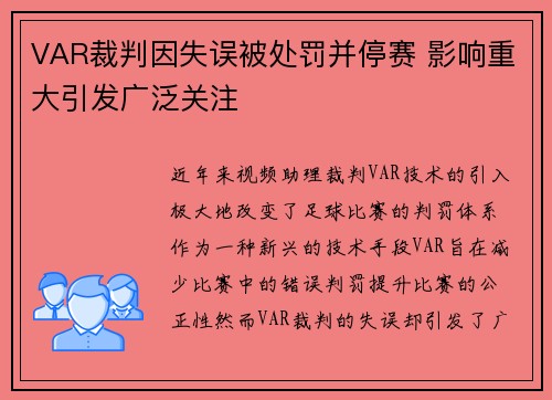 VAR裁判因失误被处罚并停赛 影响重大引发广泛关注