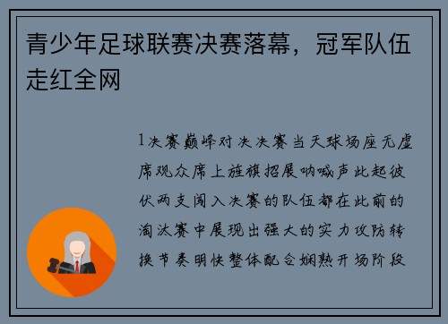 青少年足球联赛决赛落幕，冠军队伍走红全网